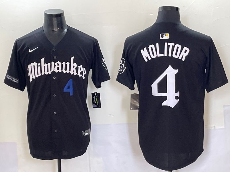 Men 2025 Milwaukee Brewers #4 Molitor Black Five generations Joint Name Nike MLB Jersey style 5